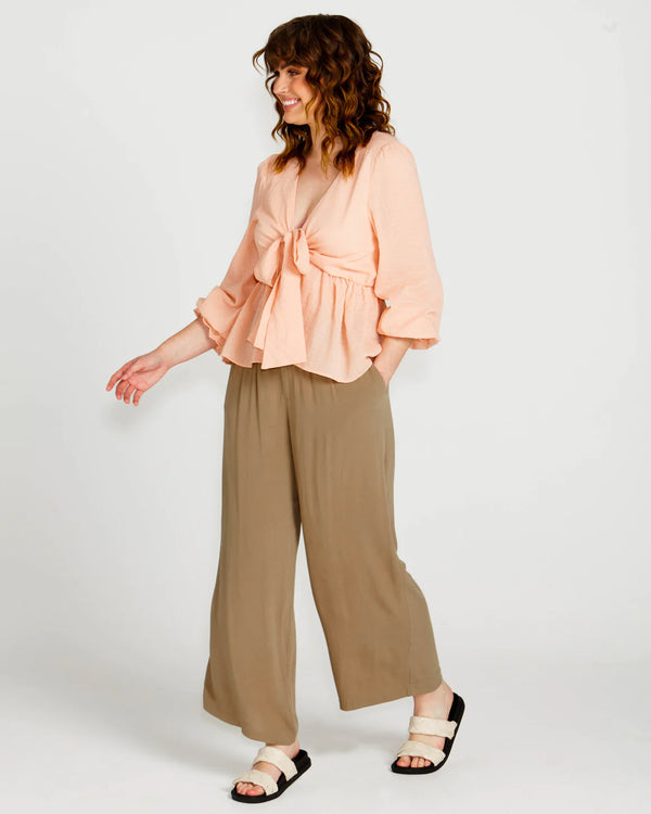 Portia Elasticated Wide Leg Linen Blend Pant - Khaki